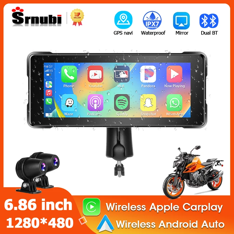 6.86 Zoll Motorrad Carplay Display - Kabellos Carplay & Android Auto | IP68 Wasserdicht Mit Abnehmbarer Halterung