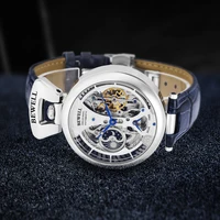 Montre mécanique automatique étanche haut de gamme, avec bracelet en cuir véritable et coque arrière transparente en acier inoxydable 5
