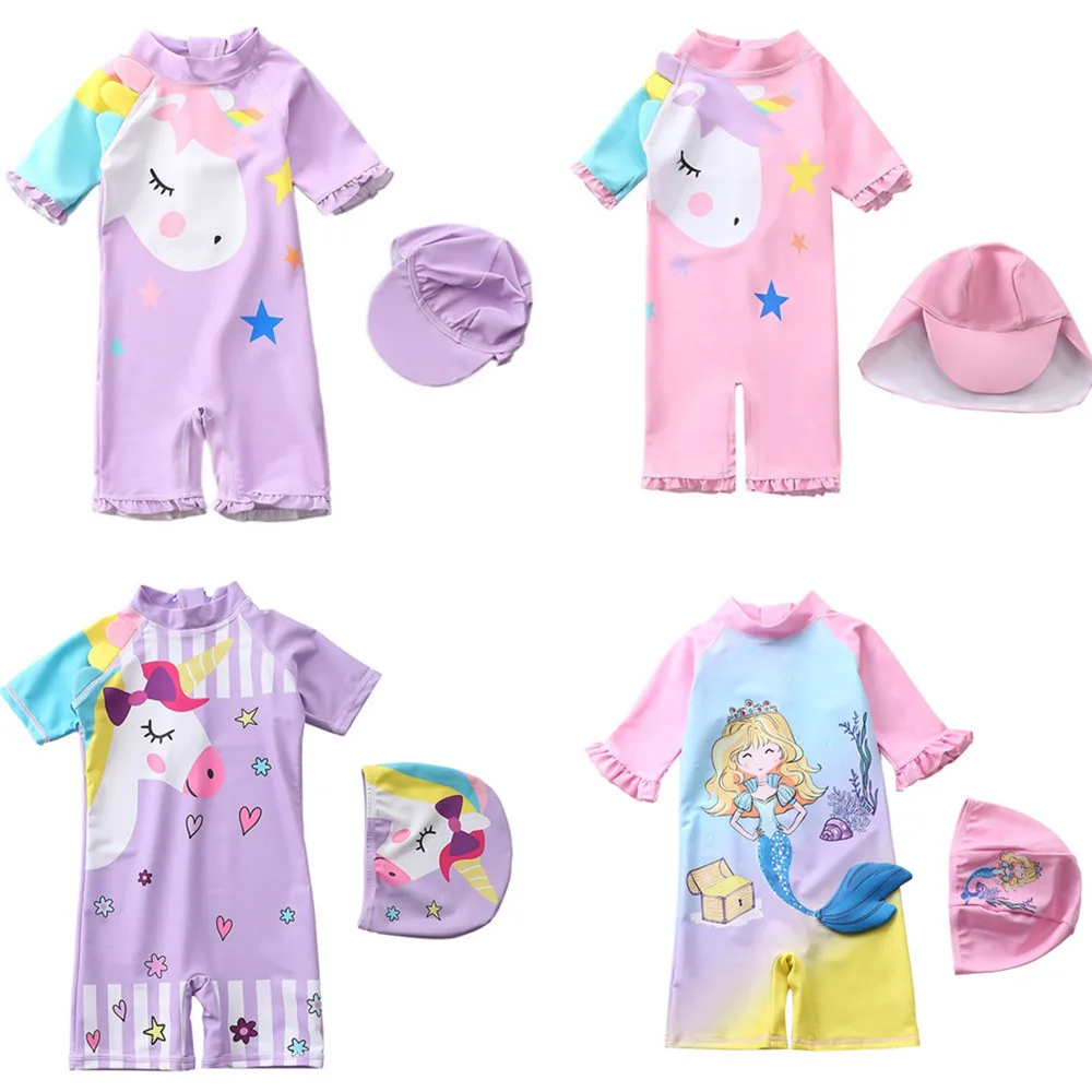 Happyflute New 7-24kg Boy&Girls' One-Piece Long Sleeve Pony Swimsuit Cute Baby Princess Swim Cloth For Summer 2