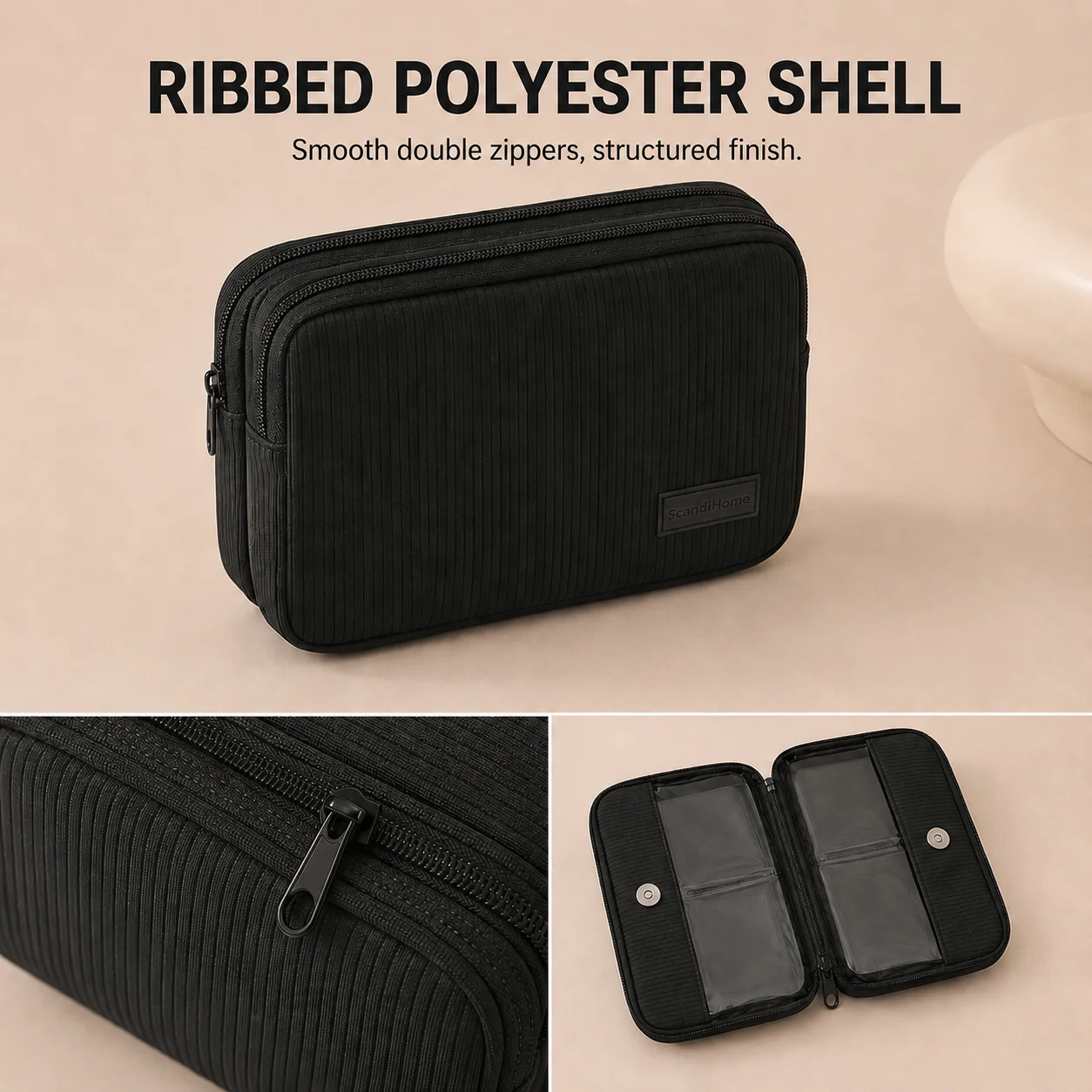 Borsa da Viaggio per Trucchi in PVC Trasparente, Organizer Cosmetico con Scomparti Divisi, Astuccio Portatile per Bellezza in Poliestere Costolato - immagine 6