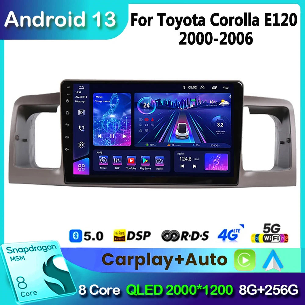 Автомагнитола на Android 13, мультимедийный плеер с GPS-навигацией для Toyota Corolla E130 E120 2000-2006 Carplay, 2din, стерео, Dvd, 2 Din