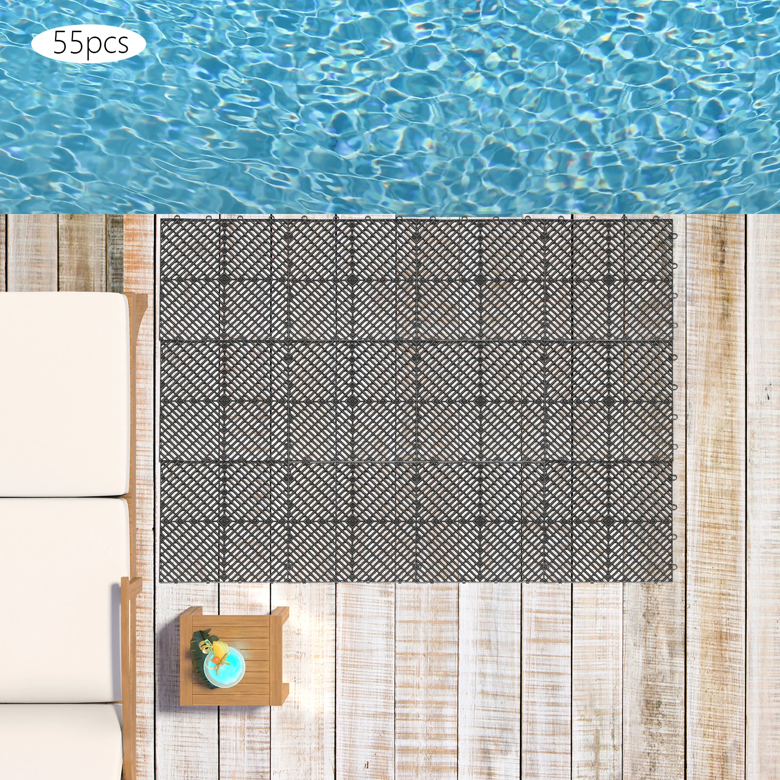 Modular Interlocking Cushion 55P 12" x 12" Interlocking Rubber Floor Drain Holes Non-Slip Splicing Drainage Mats
