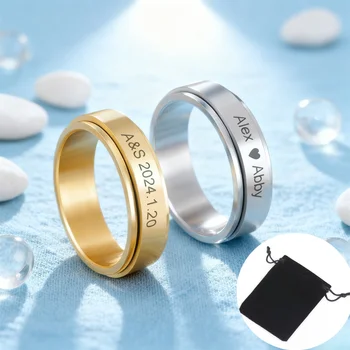 Nome scolpito personalizzato Data Anello per coppia Anello rotante a doppio strato in acciaio inossidabile Regalo per feste di gioielli di moda