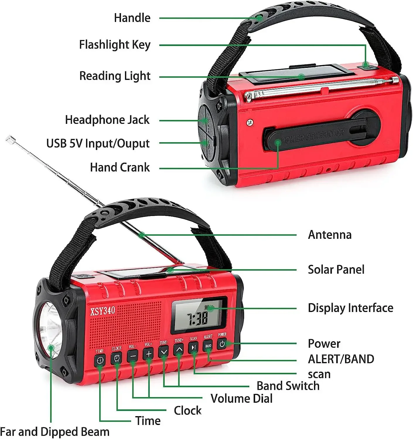Waterproof 10000mAh Weather Radio Solar Hand Crank Emergency Radio AM/FM/SW/NOAA Alert Portable Radio with Flashlight Reading
