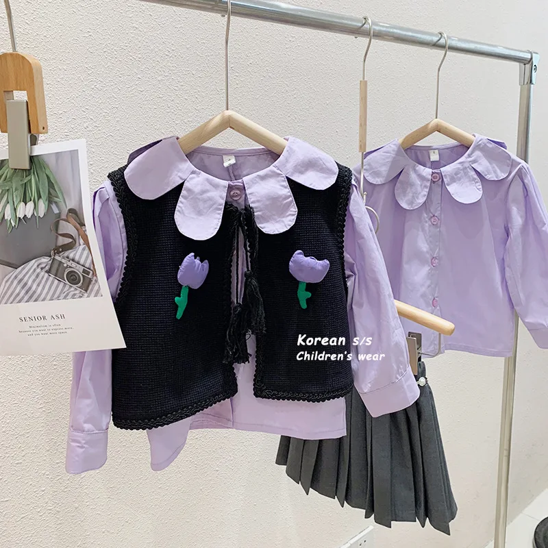 패션 소녀 봄 의류 세트 꽃 아플리케 레이스 업 가디건 보라색 꽃잎 칼라 티셔츠 높은 허리 구슬 주름 치마