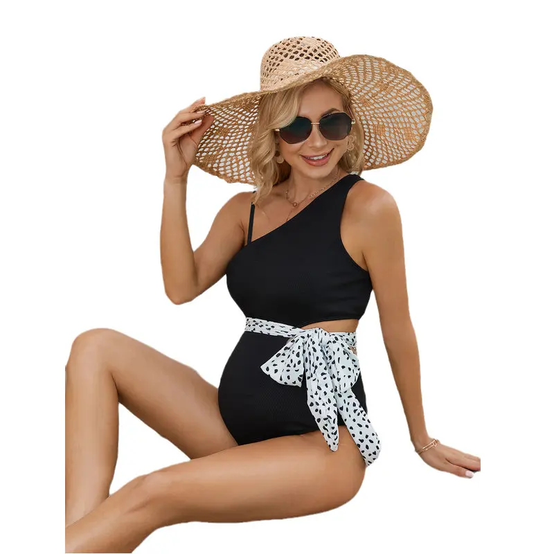 

One Shoulder Pregnant Woman Sexy Swimsuit Maternity Solid Backless Bikinis With Belt Beachwear Summer Women One-piece Swim Suit