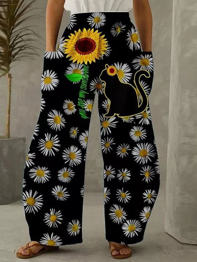 White Yellow Chrysanthemum Full Length Wide Leg Pants All Over Print Hipster Fashion Summer Streetwear Sweatpants Women Clothing