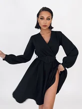  Women Puffy Sleeve V-Neck Belt Mini Dress Sexy Fashion Long Sleeve Dresses 2022 Autumn Female Elegant Club Party Clothing Black 