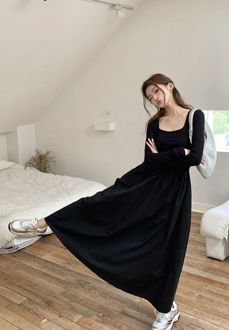 Casual Knitted Midi Dresses for Women Solid Long Sleeves Square Collar A-line Autumn New Elegant Dress Female Slim Vestidos