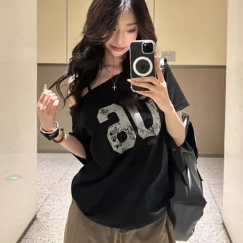 Black Off Shoulder Slant Neck Short Sleeve T-Shirt 2025 Summer Women Sweet Cool Loose Casual Streetwear Fashion 1