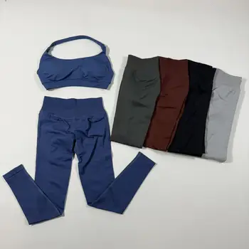 NOLOGO 2PICS Impact Yoga Legging Sets for Women Seamless Yoga Set Scrunch Butt Legging Set Workout Gym Suit with Halter Crop Top 1