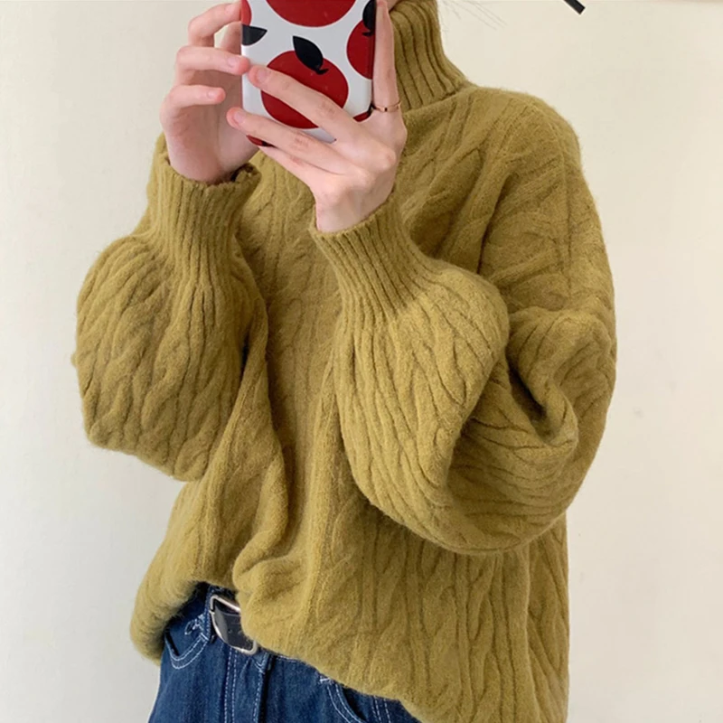 

Winter Cashmere Sweater Women Loose Warm Knitted Turtle Neck Twist Pullover 2021 Korean Streetwear Lazy Oaf Female Tops