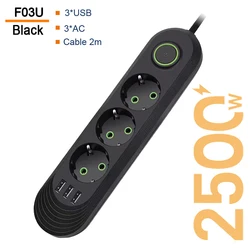 EU Plug Smart Home Power Strip with USB Fast Charging Ports - 3 AC Black