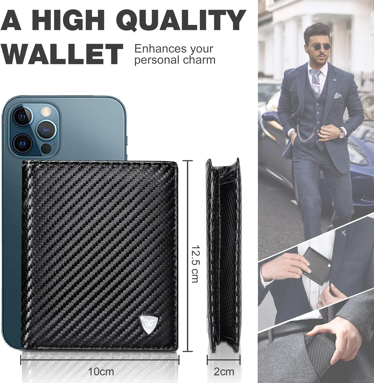 Cartera clásica de fibra de carbono para hombre, tarjetero negro con compartimento para múltiples ranuras, monedero de bolsillo con cremallera vertical RFID