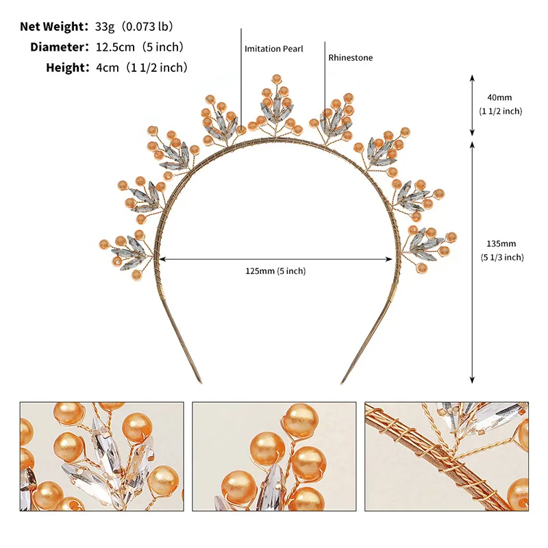 Bridal Hair Accessories Wedding Crown Headband Crystal Gold Color Pearl Tiaras and Crowns for Women Hair Jewelry Party Gift