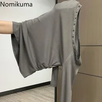 T-shirt noir pour femmes, vêtements à épaules dénudées, tunique à rivets, col Slash, Y2k, hauts coréens, Chic et Sexy, 2025 4