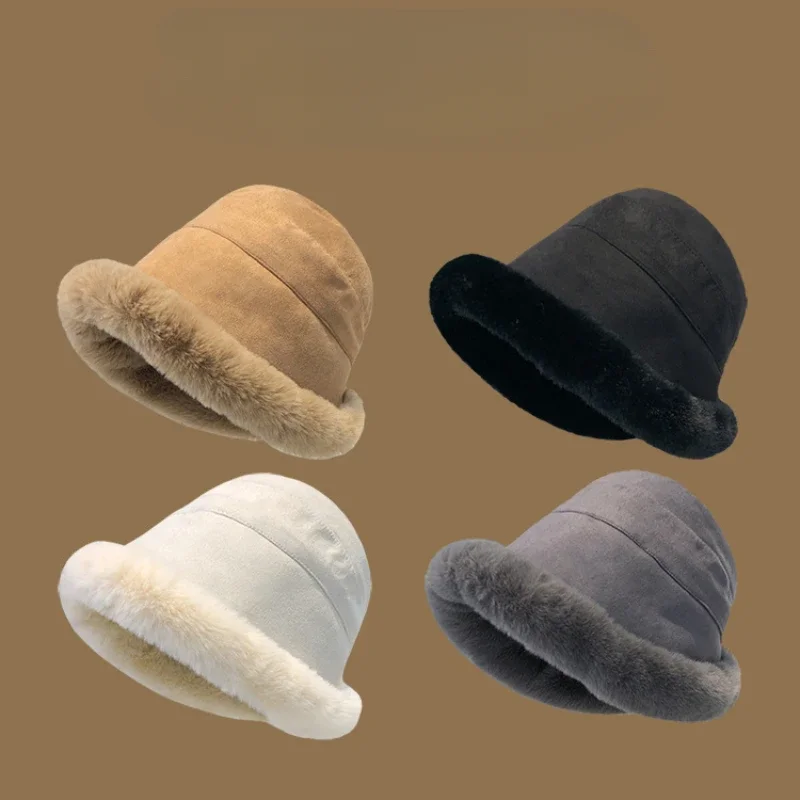 

Fluffy Bucket Hat Women Winter Warm Thicken Cold Protection Fisherman Cap High Quality Plush Thieken Fashion Ladies Panama Hat