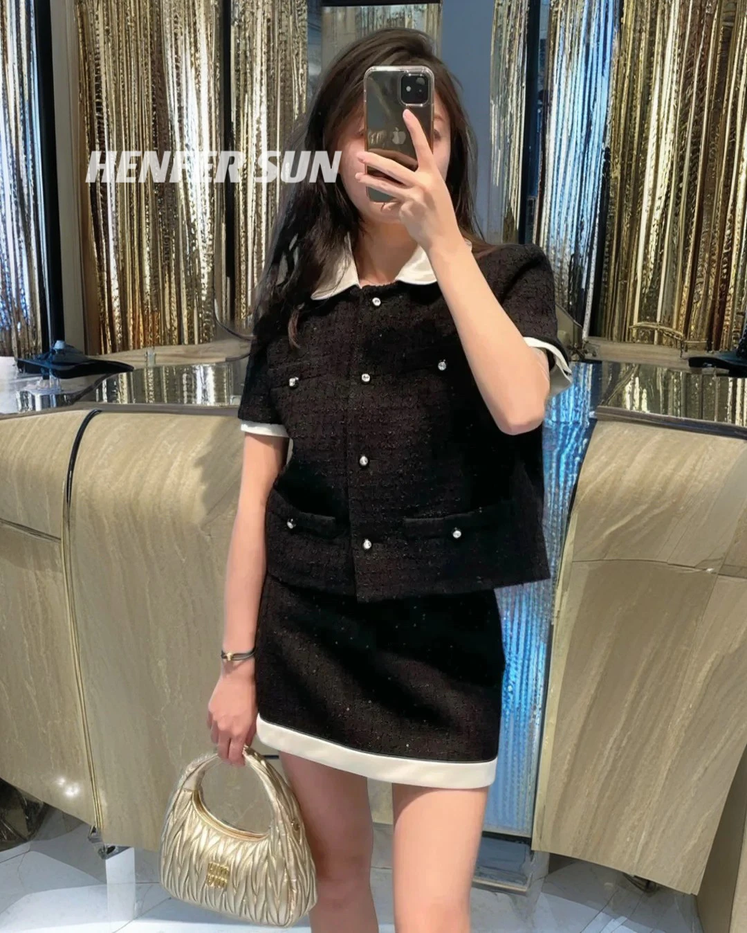 

High luxury custom women's clothing 2024 summer black tweed small fragrant short sleeved jacket