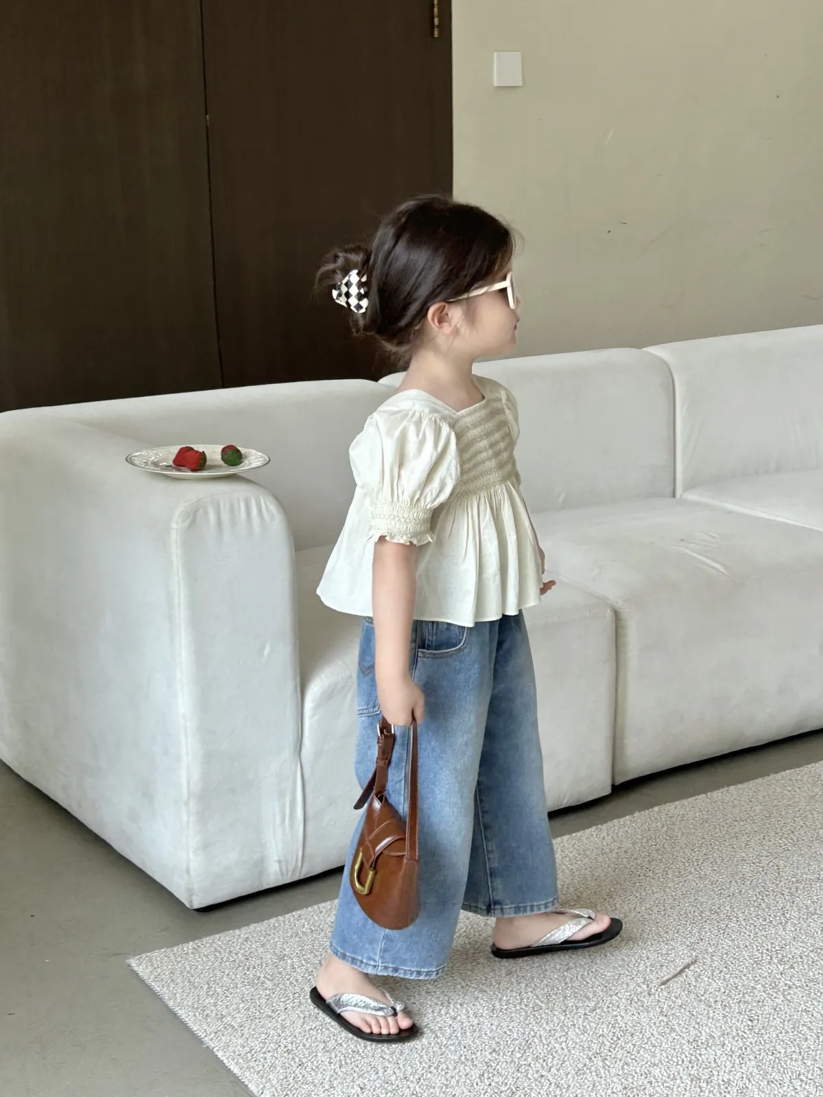 여아용 한국 스타일 셔츠, 아동복, 여름 패션, 버블 슬리브, 반팔 인형 셔츠,  코튼 셔츠