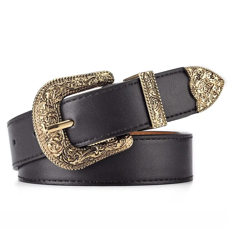 Vintage Carved Needle Buckle Unisex Punk Rock PU Leather Belt