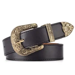 Vintage Carved Needle Buckle Unisex Punk Rock PU Leather Belt - 105cm (Gold buckle brown)