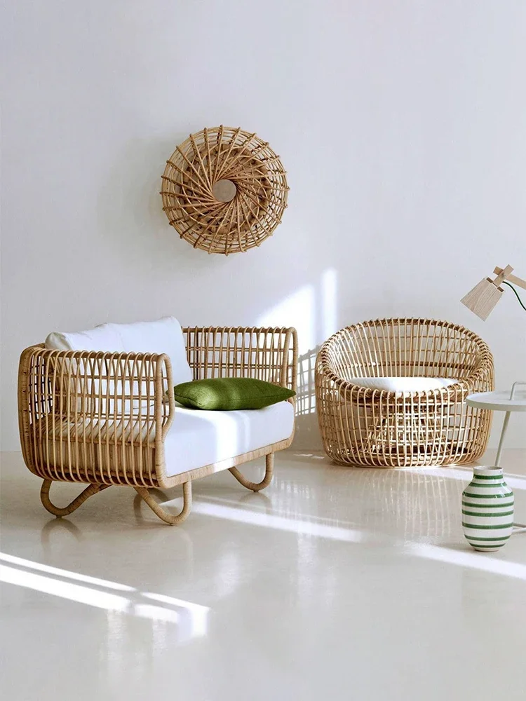 Outdoor sofa rattan chair coffee table combination simple and casual Indonesian real rattan B&B balcony furniture villa indoor c