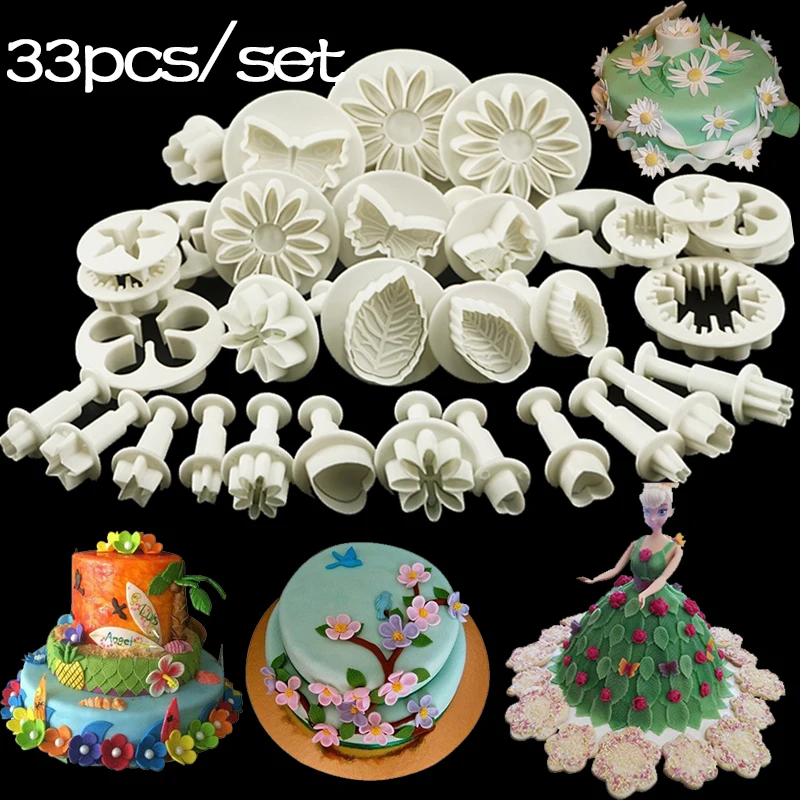 33pcs Plunger Fondant Cutter Cake Tools Cookie Mold Biscuit Mould DIY Craft 3D Bakeware Sets Baking Mold Pastry Decorating Tools cake decorating tools cake baking mold