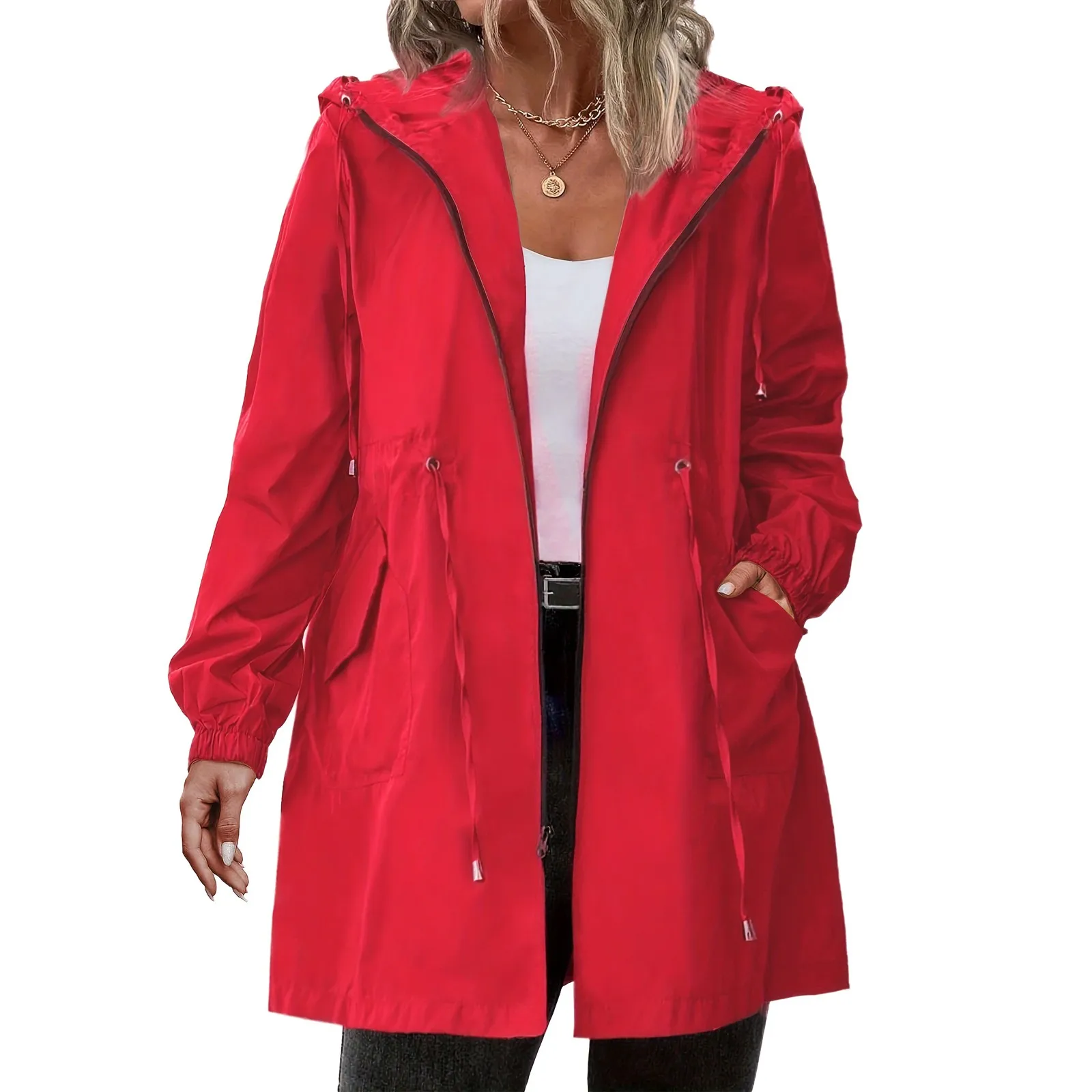 Women Trench Coat New Spring Autumn Jacket Casual Long Sleeve Hooded Mid Long Windbreaker Female Overcoat High-Quality Coats - 3