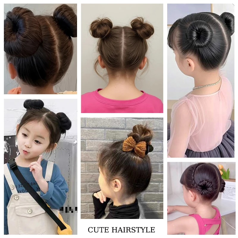 2Pcs Hair Bun Extensions Donut Chignon Hair Wig Synthetic Black Brown Wig Hair Clips for Kids Daily Use Children's Hairpieces