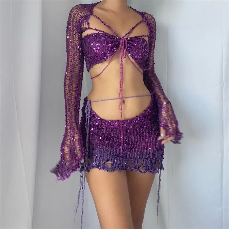 

Top Women's Suit Polyester Fashionable All-Match Sexy Beach Knited Sunscreen Thin Cardigan Hollow Sequined Summer Skirt Long 1Pc