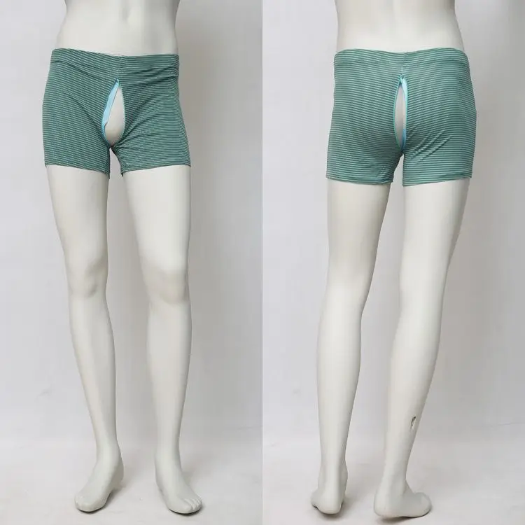 Men's Zipper Open Crotch Striped Thin Black Shorts Panties Casual Sleeping Shorts Bottoms Underwear