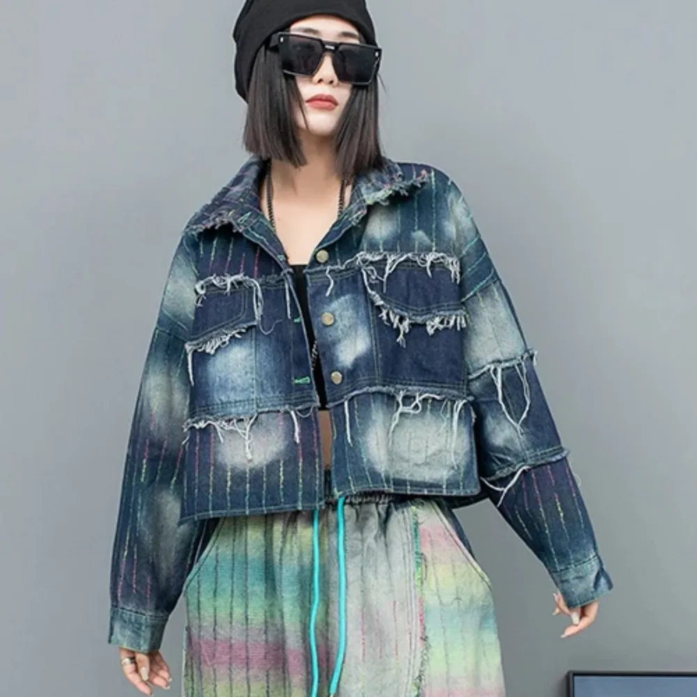 

2024 Spring Autumn New Distressed Striped Collar Long Sleeved Short Denim Jacket Women LX1100