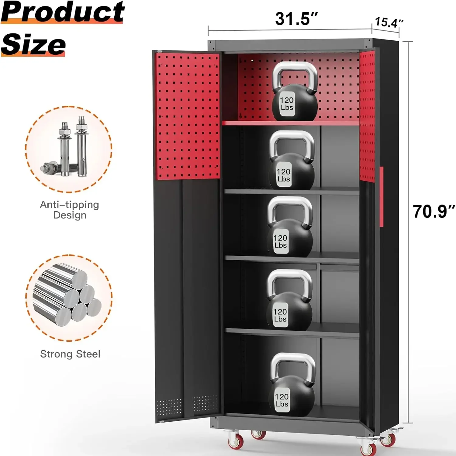 Metal Garage Storage Cabinet, Tall Garage Cabinets with 5 Adjustable Shelves, Steel Tool Storage Cabinet with Wheels,Lockable He 3