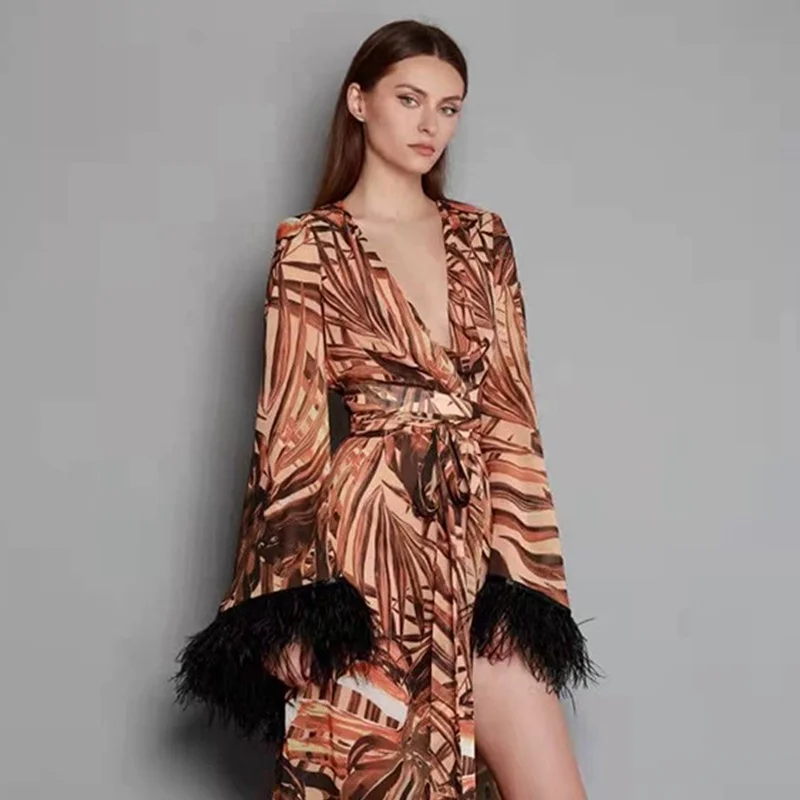 

Sexy Elegant Print Loose High Waist Slit Dress Women Dress Party Formal Dress Feather Flared Sleeves V-neck Dress Bohemian Dress