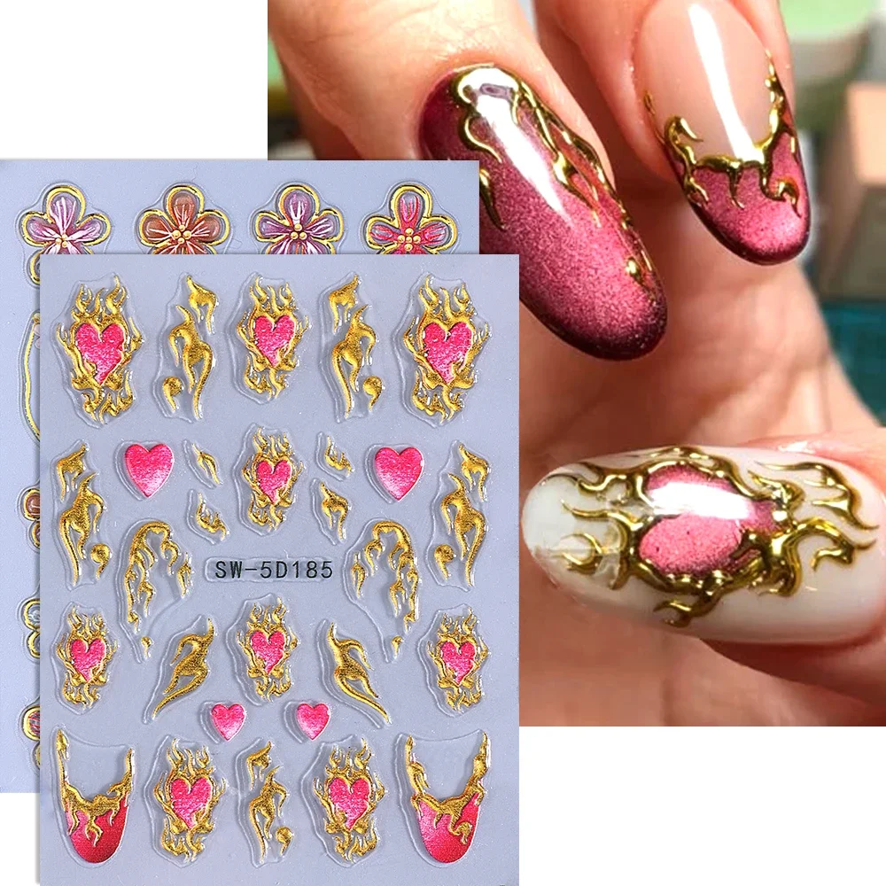 1/2pcs 5D Embossed Heart Flowers Line Nail Stickers Decal French Ribbon Bow Flame Adhesive Nail Art Slider Manicure Decorations