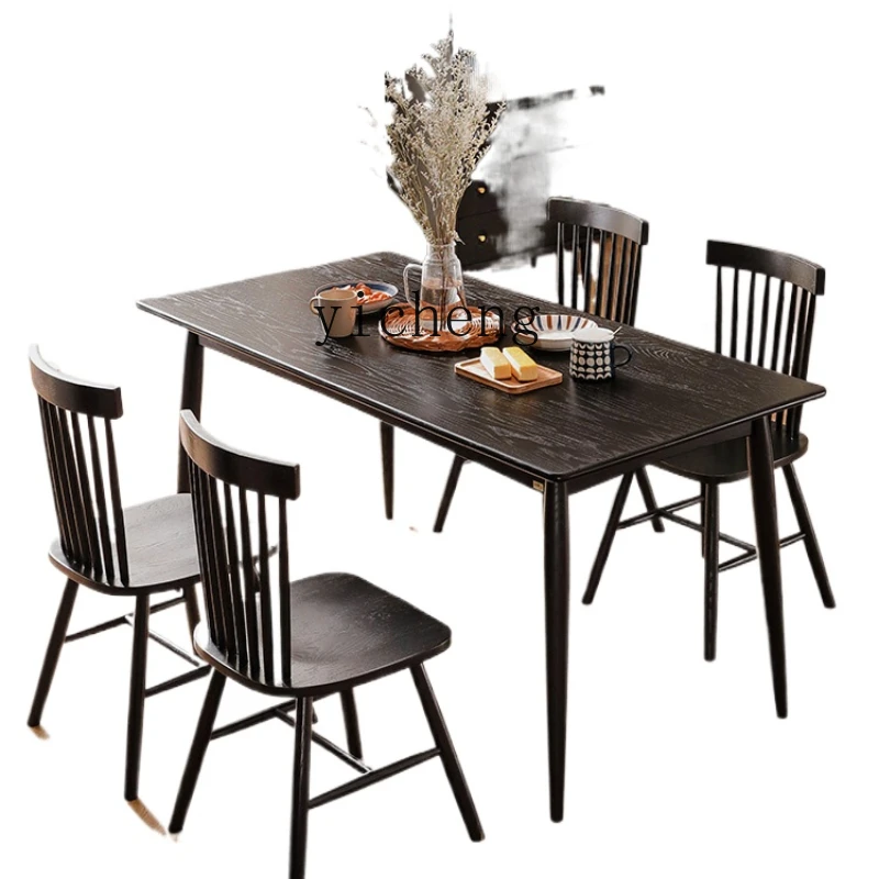 

ZK Solid Wood Dining Table Smoked Black Household Small Apartment Simple Red Oak Dining Table and Chair