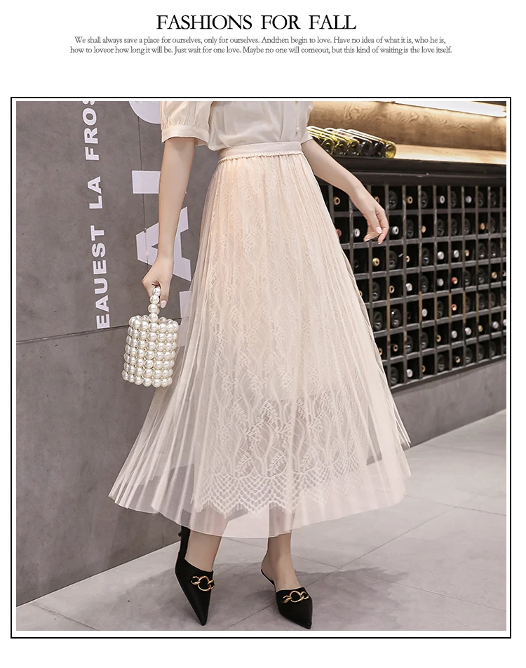 Mesh Crochet Lace Skirts Women Midi Pleated Skirts Apricot Sweet Korean Elastic High Waist Skirt Harajuku Fairy Vintage N131 jean skirt