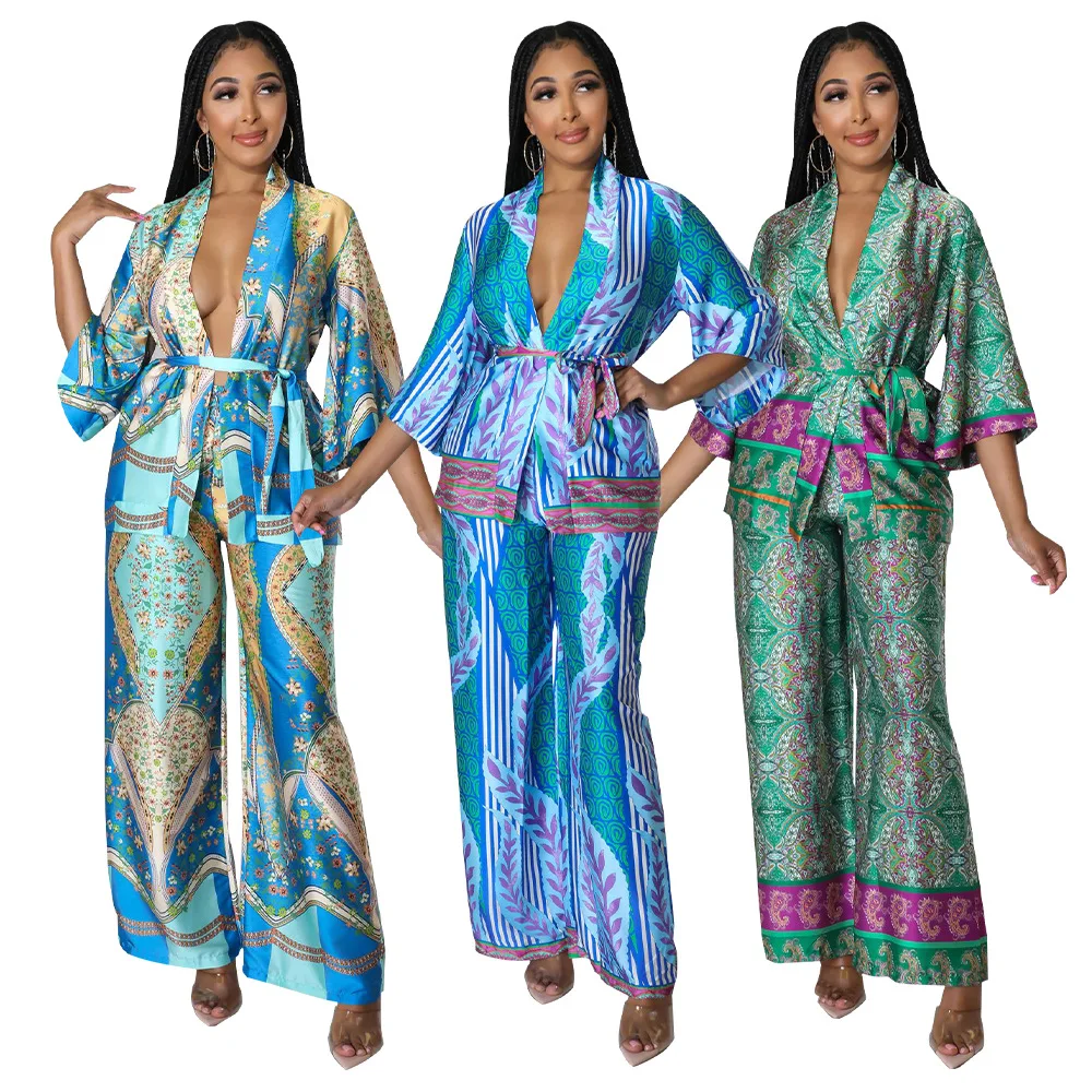 

2023 African Clothes for Women African Women Elegant Loose Tracksuit Outfits Casual 3/4 Sleeve Blouse Tops +Wide Leg Pant Suit