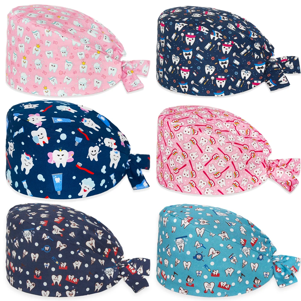 New Surgicals Cap Adjustable Cotton Teeth Print Women Men Nursing Caps Beauty Salon Lab Dentist Working Long Hair Scrubs Hat
