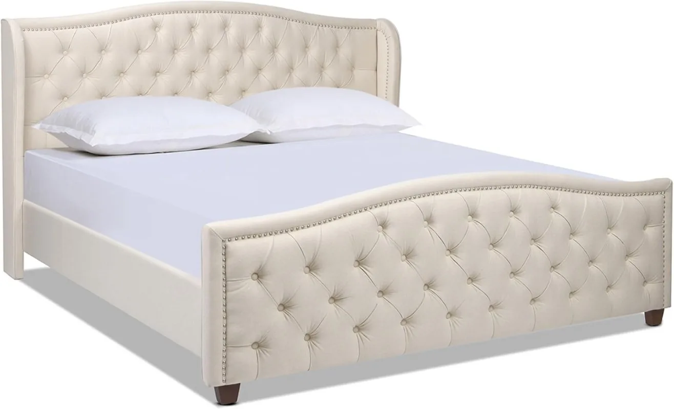 Marcella Upholstered Shelter Headboard Bed Set King Sky Neutral Beige Polyester Cover 100%polyester A sturdy frame