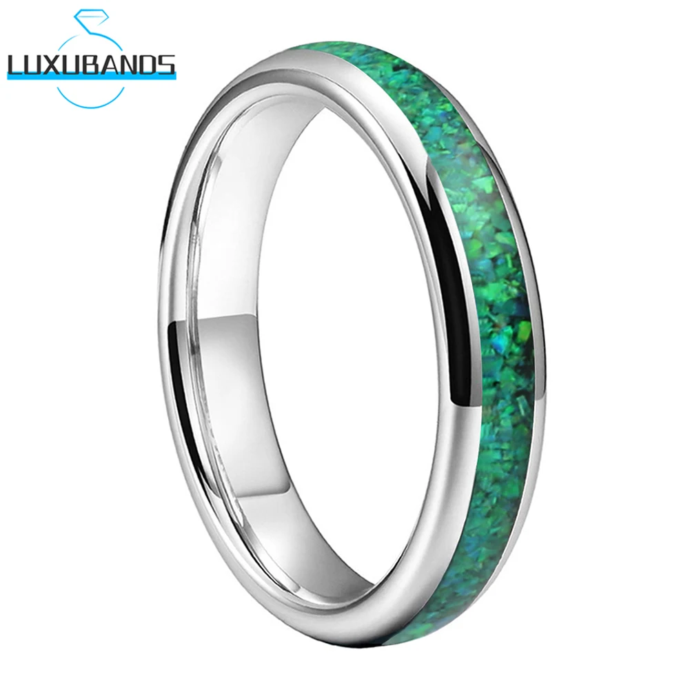 

Women's Tungsten Wedding Ring 4mm Green Opal Inlay Black Engagement Domed Band Polished Finish High Quality Comfort Fit