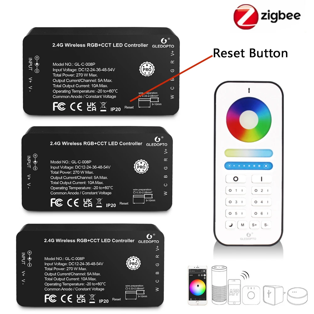 

GLEDOPTO Zigbee 3.0 RGBCCT LED Strip Controller DC12V-54V 5050 LED Light 2.4G RF Remote Control App/Voice for Tuya SmartThings