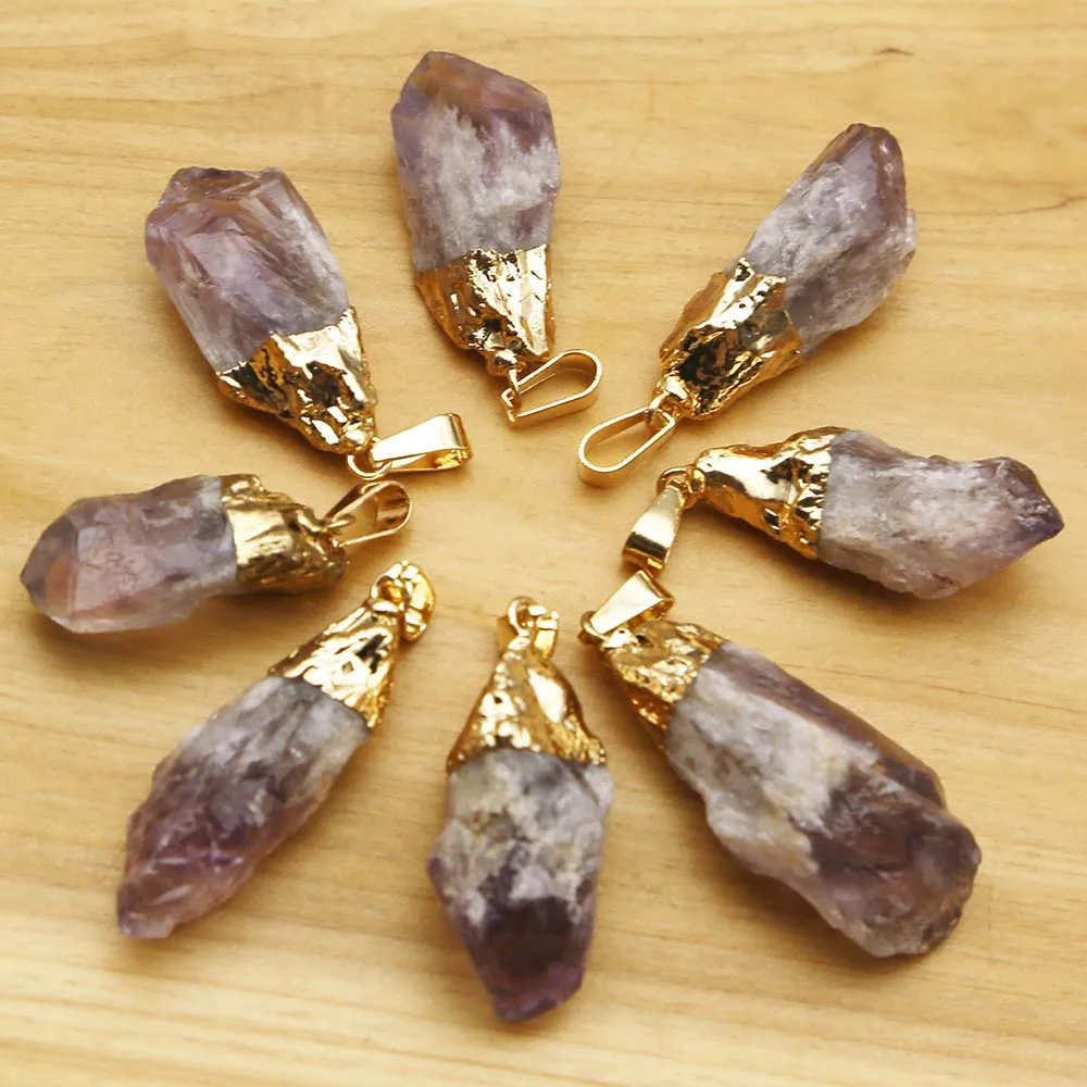 Natural Raw Ore Amethyst Irregular Gold Plated Necklace Pendant Healing Reiki Charms DIY Jewelry Accessories Gift Wholesale 8Pcs