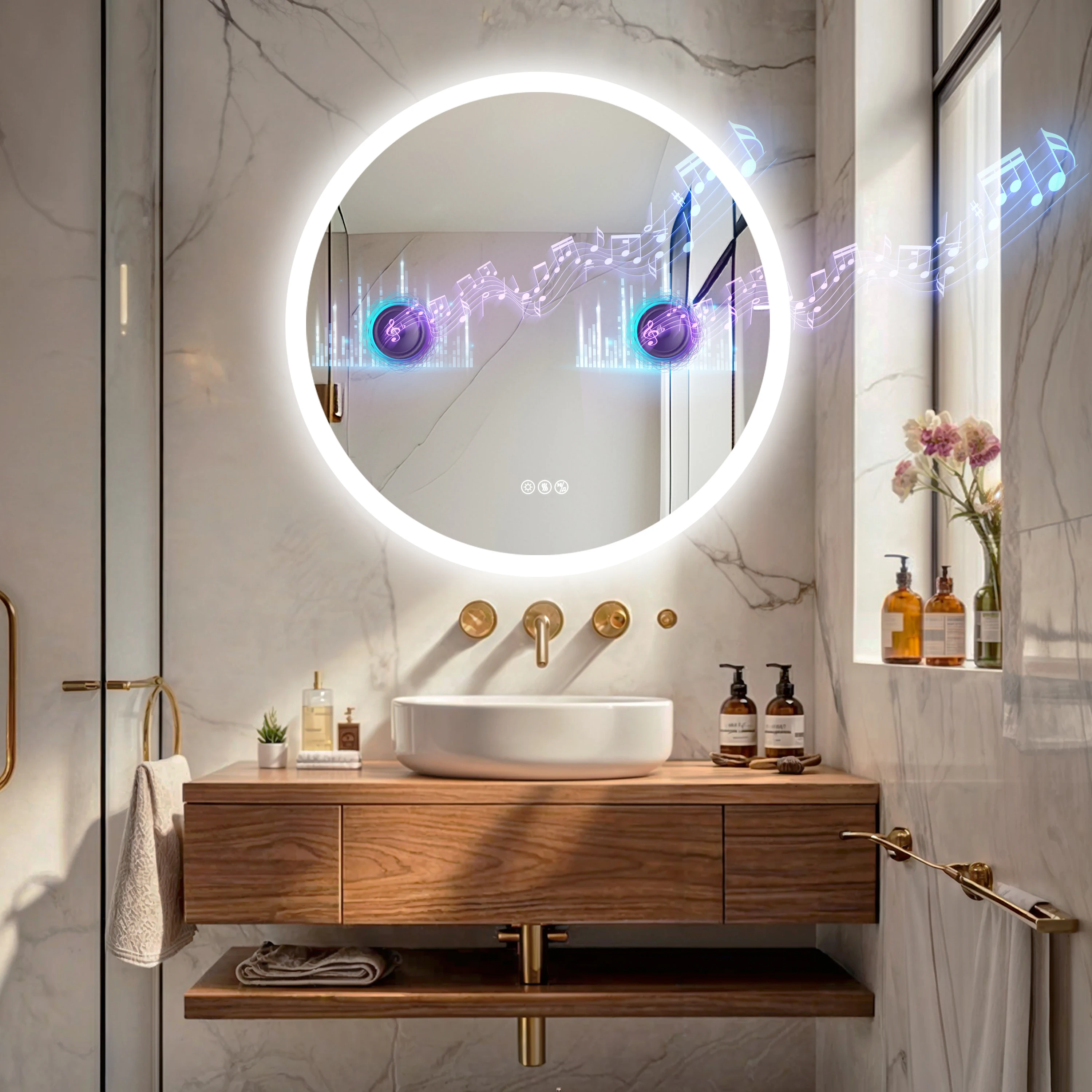 32'' Round Dimmable Led Bathroom Mirror Backlit Vanity Mirror with Bluetooth Speaker, 3 Colors Temperature, Defogging Functions