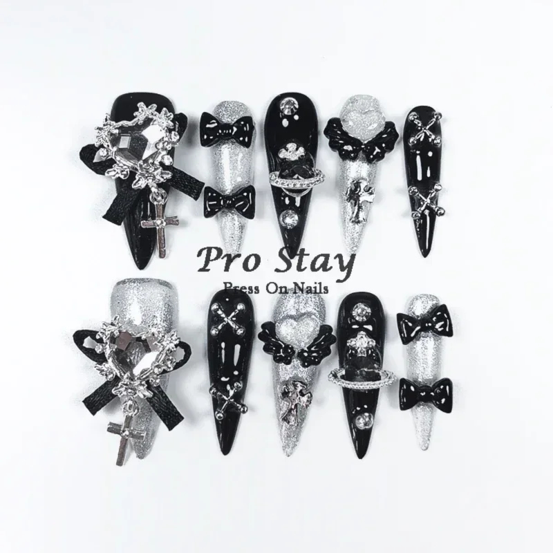 10pcs Dark black Y2k Hot Girl Handmade Press On Nails Sweet Cool With Diamond Metal Decoration Wearable Artificial False Nail 10pcs Dark black Y2k Hot Girl Handmade Press On Nails Sweet Cool With Diamond Metal Decoration Wearable Artificial False Nail