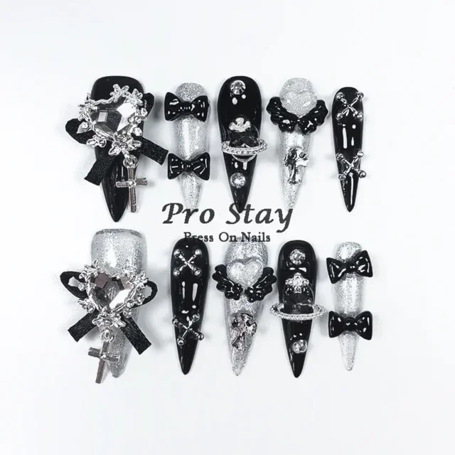 10pcs Dark black Y2k Hot Girl Handmade Press On Nails Sweet Cool  With Diamond Metal Decoration Wearable Artificial False Nail