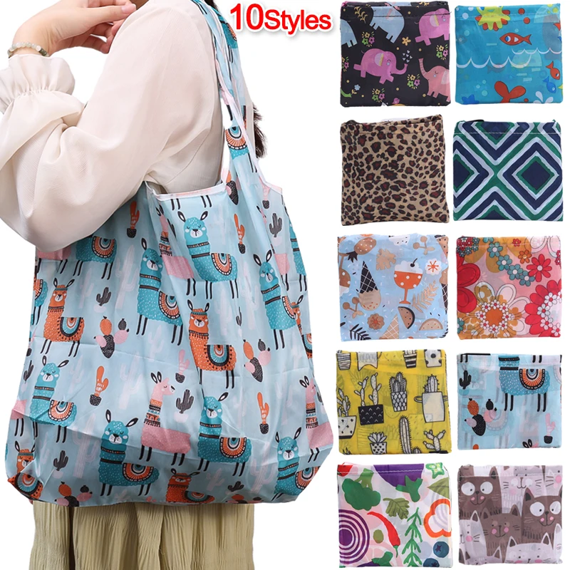 

Foldable Shopping Bag Reusable Travel Grocery Bags Eco-Friendly Printed Animal Plant Pouch Large-capacity Handbag for Shopping