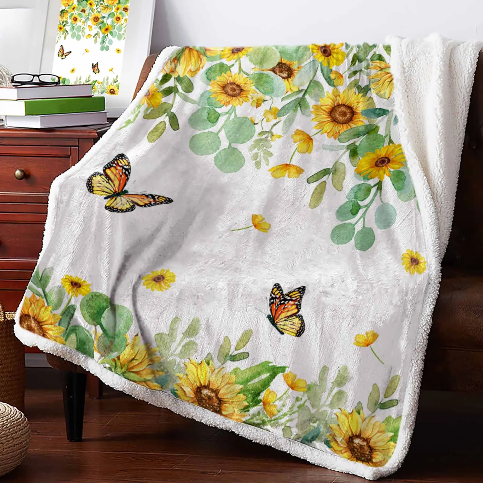 

Watercolor Sunflower Leaves Butterfly Cashmere Blanket Warm Winter Soft Throw Blankets for Beds Sofa Wool Blanket Bedspread