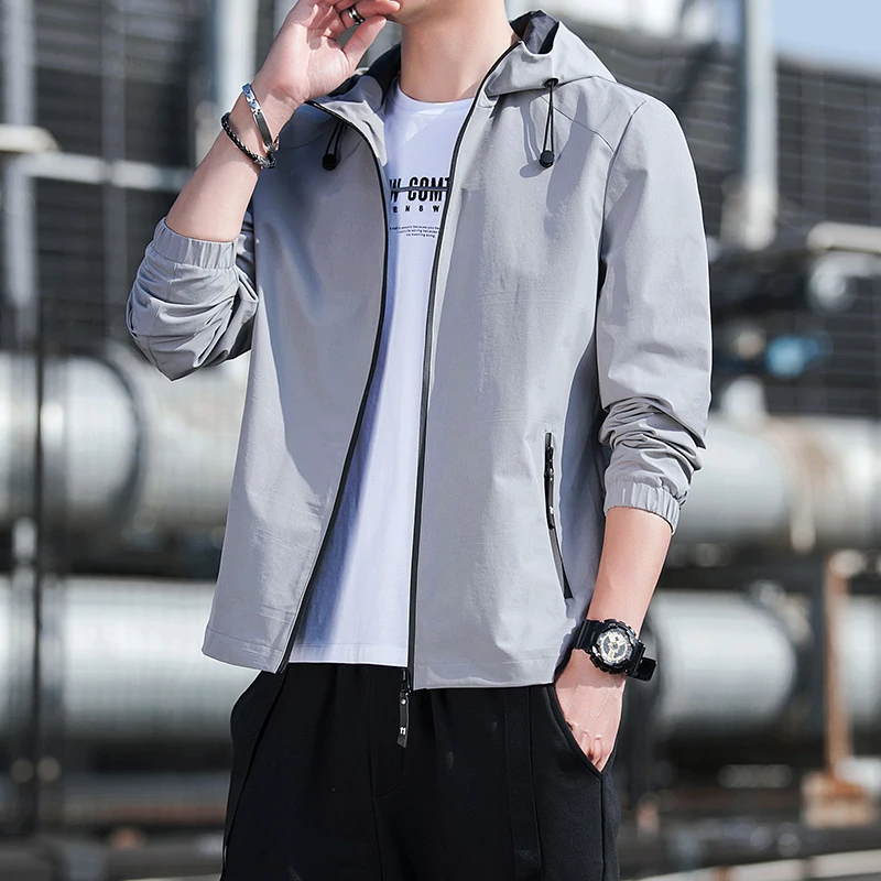 Spring Autumn Thin Jackets Men's Hooded Drawstring 2023 New Korean Trendy Solid Color Long Sleeve Zipper Pockets Cardigan Coats
