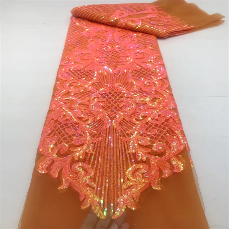 

African Lace Fabric 2024 Orange HIgh Quality Colorful French Sequined Mesh Lace Fabric for Sewing Luxury Wedding Party Dress